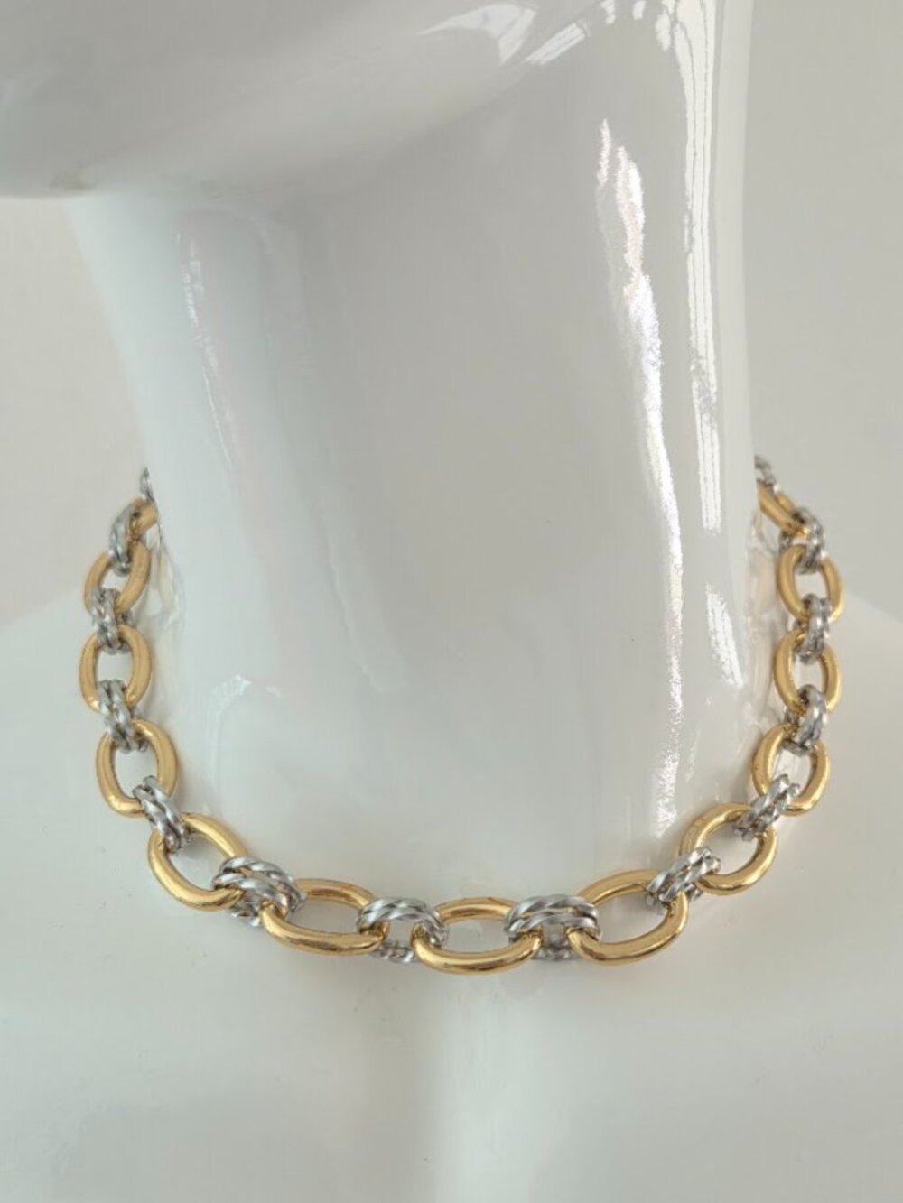 Bold Two Tone Gold Silver Chunky Oval Link Chain Statement Necklace Modern Chic